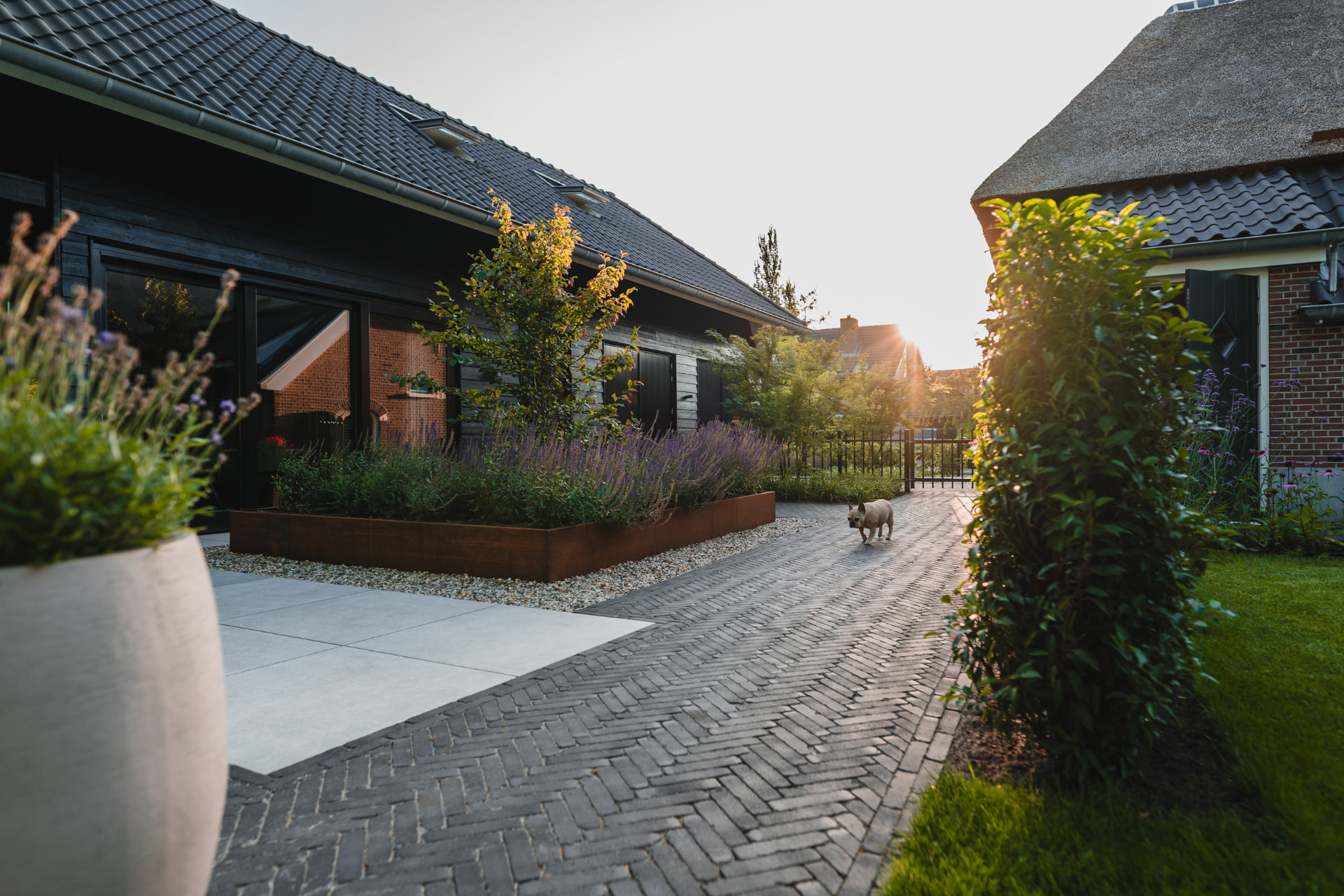 Het erf bij zonsondergang, met de kapschuur en de oorspronkelijke boerderij
